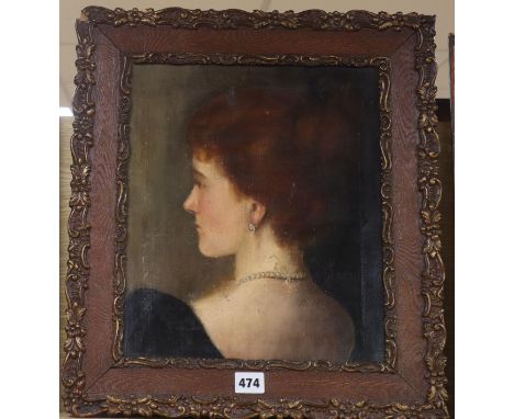 English School c.1900, oil on canvas, Portrait of a lady wearing a pearl necklace, 33 x 28cm