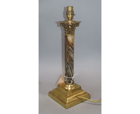 A brass Corinthian column table lamp with faux agate stem height 37cm excluding light fittings