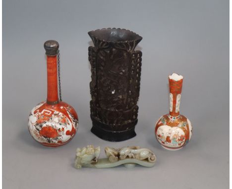 Two Japanese vases, a soapstone vase and a jade belt hook