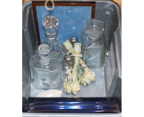 A mixed quantity of collectables including glass decanters, an inlaid frame, a vintage bag and sundries