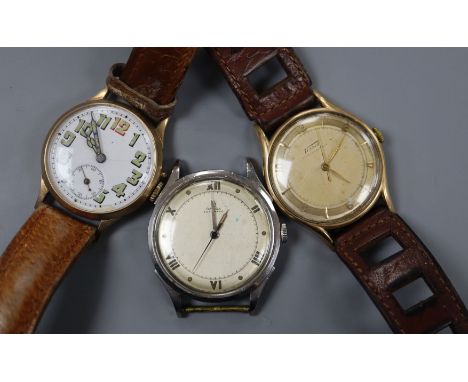 A Tissot gold wrist watch, one other 9ct gold wrist watch and an Omega stainless steel watch head.