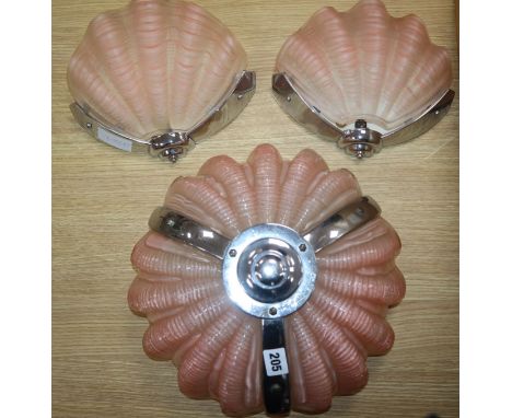 Art Deco 'Shell' light fittings, one hanging, two wall