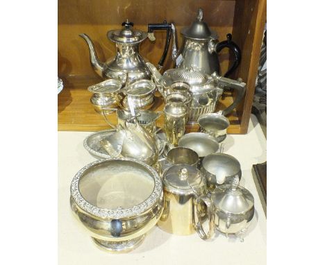 A plated three-piece tea service and other plated ware.