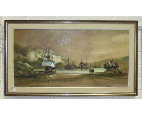 Jack R Mould (1925-1998), 'Evening warmth, Coverack', signed oil on canvas, 49.5 x 100.5cm, titled verso.