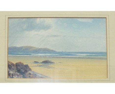 Herbert William Hicks (1880-1944), 'The Breakwater, Bude', a signed watercolour heightened with white, 14.5 x 23cm and a comp