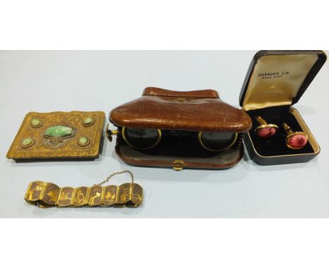 A Japanese Damascene gilt metal bracelet, a small gilt box inset glass "jade" stones, a pair of La Mignonne leather covered f