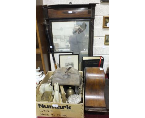 A mahogany-cased chiming mantel clock, 23cm high, a framed mirror, (damaged), a canteen of cutlery and other miscellaneous it