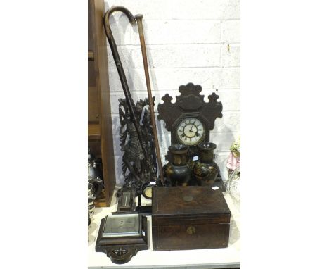 A carved wood low circular table with copper bowl inset, 84cm diameter, 40cm high, an Asian carved wood group of two figures,