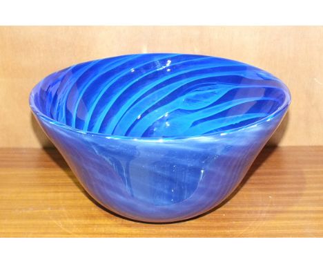 A 21st century studio blue glass bowl, the interior with ribbed decoration, 13cm high, 26.8cm diameter, etched R Glass 2004 t