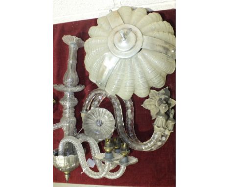 A glass four-branch hanging light fitting, (no drops), 55cm, various glass hanging light bowls, shades, etc.