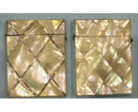 Two mother of pearl card cases, (each with one tile missing), an Indian card case with carved hardwood panels of animals and 