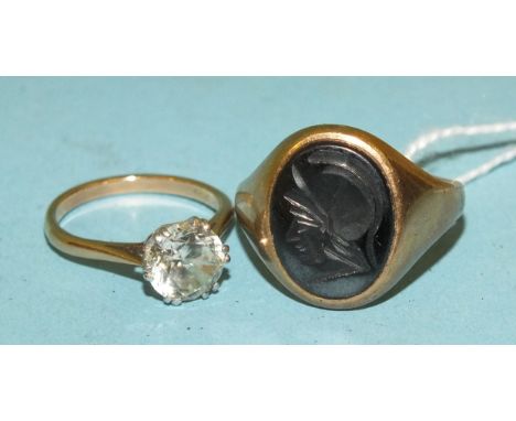 A 9ct gold ring set white stones, size K½ and a 9ct gold ring set hematite, size V, (split), total weight 7.8g, (2).