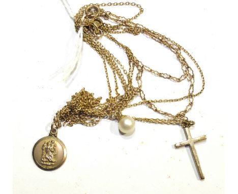 A 9ct gold cross pendant on chain, a 9ct gold chain with cultured pearl drop and a 9ct gold St Christopher pendant on chain, 
