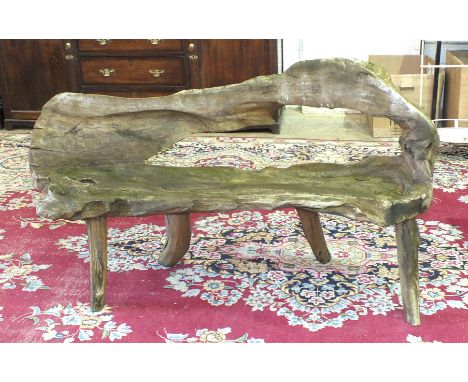 A rustic carved wood bench, 148cm and a teak bench, 148cm, (2).