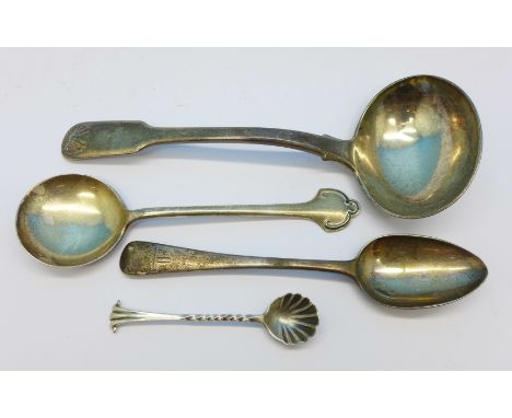 Three silver spoons and a silver ladle hallmarked London 1824, George Piercy, 123g