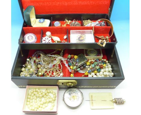 Costume jewellery including vintage and filigree, cufflinks, lady's and gentleman's watches, Kigu compact, a brass whistle ma