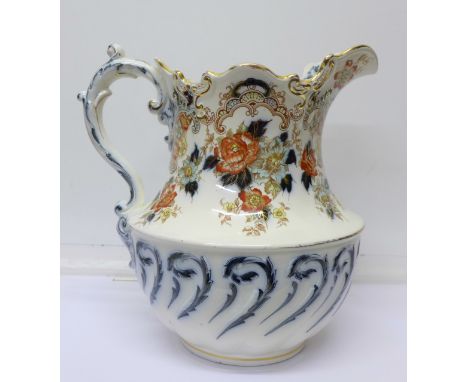 A large gilded and painted ceramic wash jug marked Melrose, 1790, K & Co.B., Late Mayers