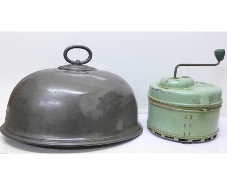 A Walker & Hall pewter food cover and a French Legumex peeler