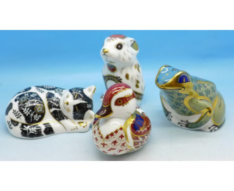 Four Royal Crown Derby paperweights, including Misty and Fountain Frog, all with gold stoppers and boxes