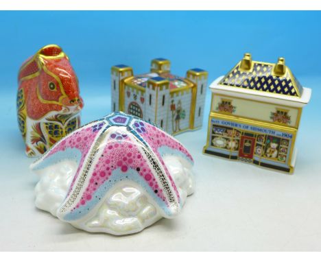 Four Royal Crown Derby paperweights, including Starfish Candy with gold stopper, all boxed