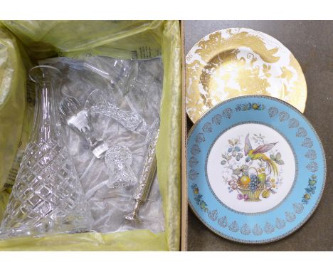 Royal Crown Derby bone china gilded plate, second, Aynsley floral plate, decanter and stopper, two bud vases and a brandy gla