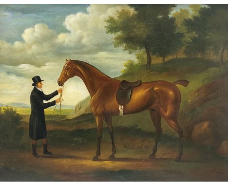 English Naive School (20th century): Portrait of a Horse and Groom, oil on canvas unsigned 40cm x 50cm