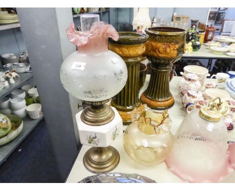 OIL LAMP WITH GLASS SHADE, 21" (53.3cm) HIGH WITH OTHER GLASS SHADES (2) 