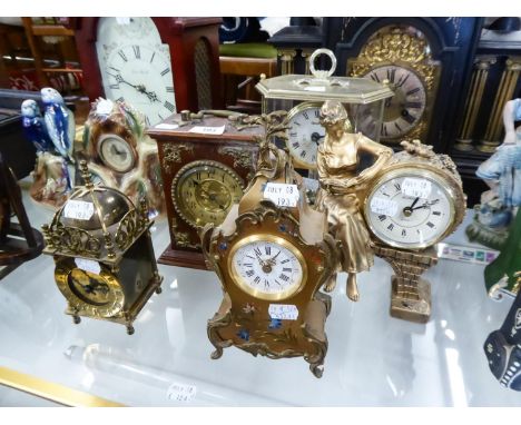 MODERN GILT COMPOSITION CASED MANTEL CLOCK with 'Lincoln' quartz movement, also an EARLY 20th CENTURY WOODEN CASED MANTEL CLO