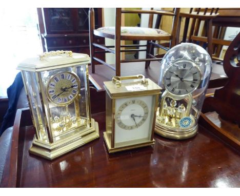 METAMEC CARRIAGE STYLE MANTEL CLOCK, HEAVY GILT METAL CASE HOUSING A BATTERY POWERED MOVEMENT, TOGETHER WITH AN H SAMUEL ANNI