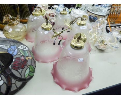 FIVE LARGE GLASS CEILING LIGHT SHADES AND THREE GILT TWO-BRANCH WALL LIGHTS 