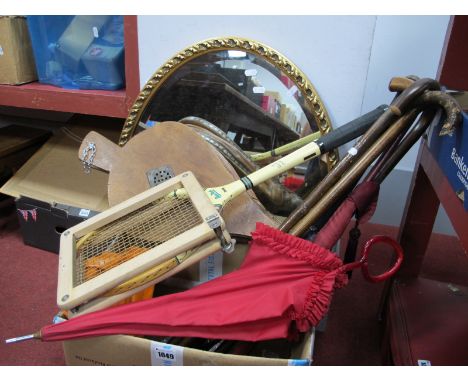 Hazells Hockey Stick, walking sticks, umbrellas, bellows, Dunlop blue flash tennis racket. (9)