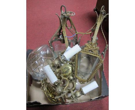 Cut Class Lamp Shade of Ovoid Form, approximately 20cm high, pair of brass ceiling lights and pair of twin branch wall lights
