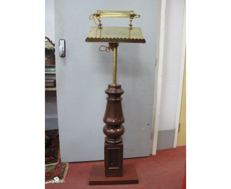 A Victorian Era Ecclesiastical Adjustable Brass Lectern, on solid wooden base with a period overhead adjustable brass lamp wi
