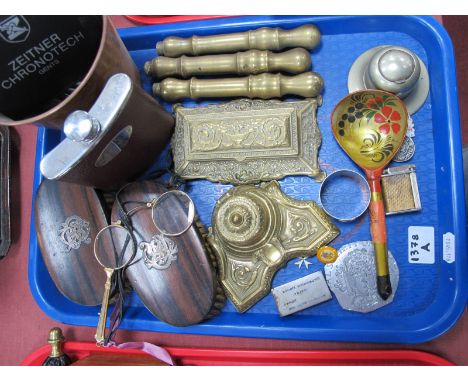 Ebony Backed Brushes, applied monograms, modern hip flask, decorative brass inkwell and stamp holder, USSR painted wooden spo