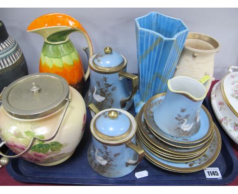 Myott Flaxman &amp; Decal Art Deco Jugs, Carlton biscuit barrel, Japanese tea ware:- One Tray