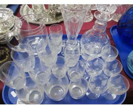 Stuart Glassware, comprising decanter, jug and three sets of six glasses; a conical vase:- One Tray