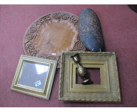 A Circular Carved Wood Charger / Platter, 43cm diameter; a poker work curved panel, an antique gilt picture frame, a small gi