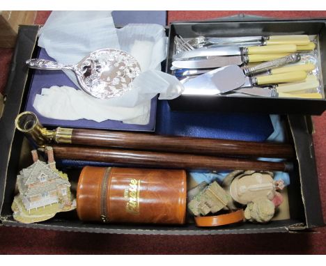 Cased Cutlery, dressing mirror, decanter case, Lilliput Lane, walking cane:- One Box