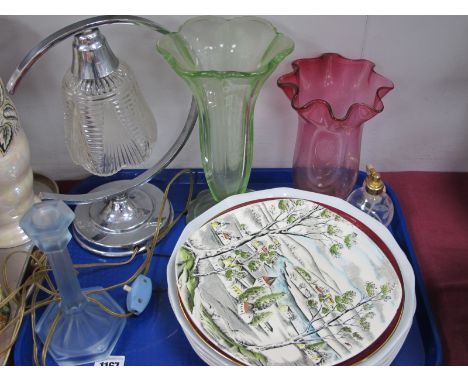 XIX Century Cranberry Glass Vase, chrome and glass table lamp, Wedgwood, Limoges and other plates, etc:- One Tray