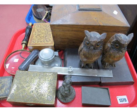 A XIX Century Rosewood Tea Caddy, a pair of book ends in the form of owls, pewter inkwell, magnifying glass etc:- One Tray