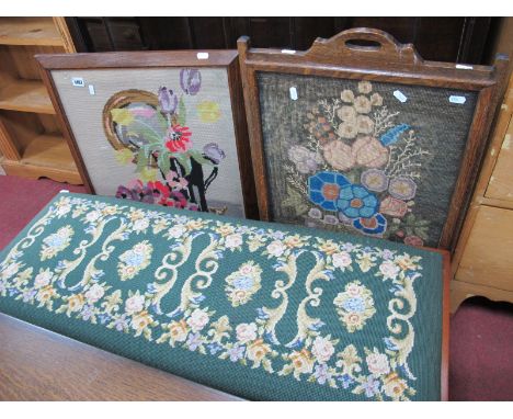 A Tapestry Top Stool, two fire screens. (3)