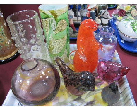 Isle of Wight Pear Paperweight, Wedgwood and two other bird paperweights, cylindrical and amethyst vases. (8):- One Tray