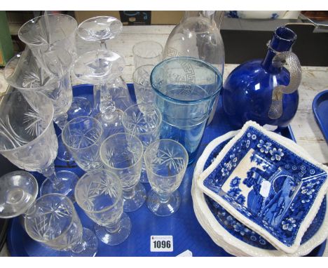 Copeland 'Spode's Tower' Plates and Dishes (9), XIX Century Bristol blue decanter, another clear, bath turquoise vase, drinki