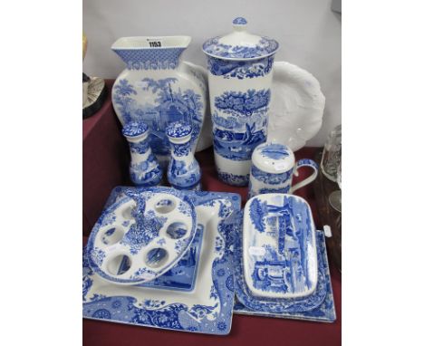 A Spode Blue &amp; White 'Italian' Cylindrical Lidded Jar, 32cm high, Zoological vase, egg cruet, flour shaker, salt and pepp