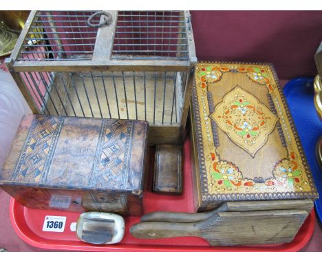 A Wood and Wire Animal Cage, 22cm wide, XIX Century tea caddy, snuff boxes, butter pats, etc:- One Tray