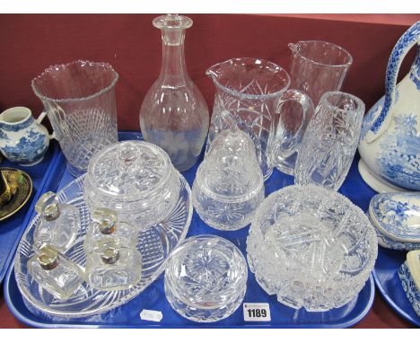 Four Small 'Sterling Silver' Collared Scent Bottles, cut glass powder bowls, etched decanter, vases, bowls, etc:- One Tray
