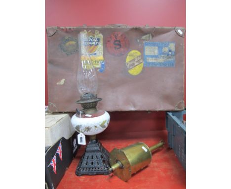 Salter Brass Spit Roast, oil lamp with iron base and painted glass well, suitcase by Kelvin. (3)