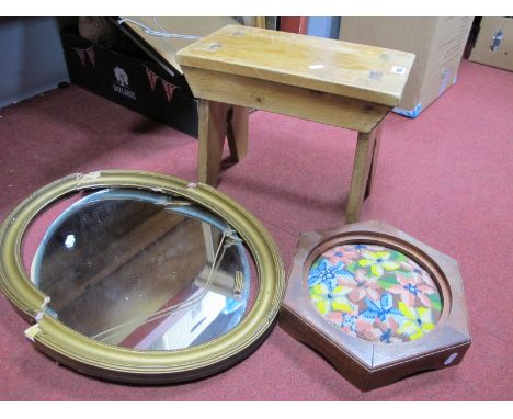A Pine Stool, hexagonal stool with tapestry top, oval wall mirror. (3)