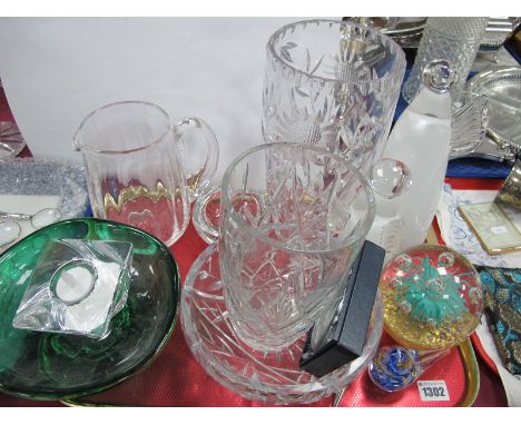 A Green Glass Fruit Bowl, having bubble inclusions Orrefors candlestick, other glassware:- One Tray