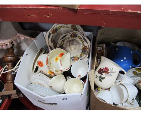 A Quantity of Ceramics, Scales and Weights, Oak Lamp, etc:- Three Boxes